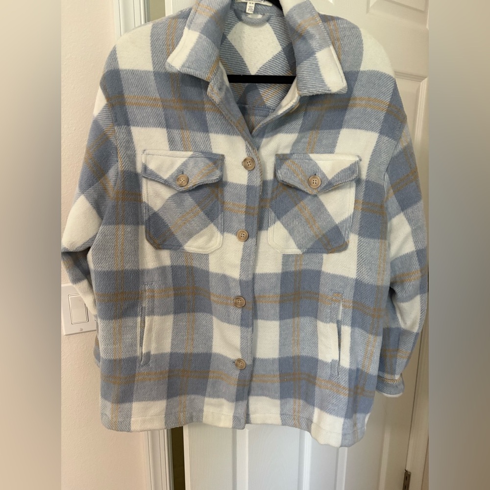 WORKSHOP republic clothing womens shacket jacket blue white plaid size med